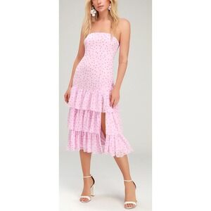 NWT Lulus Nellie Pink Polka Dot Ruffled Midi Dress Sz L